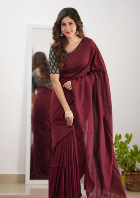 Maku Solid/Plain Handloom Pure Cotton Saree(Maroon)