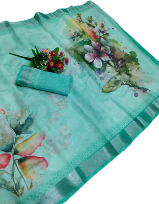 ASHTA Floral Print Bollywood Linen Saree(Light Blue)