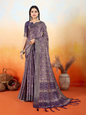 Divastri Digital Print, Printed, Woven Banarasi Tissue Saree(Purple)
