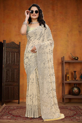 SHAYONAM Embellished, Self Design Bollywood Chiffon, Georgette Saree(Yellow)