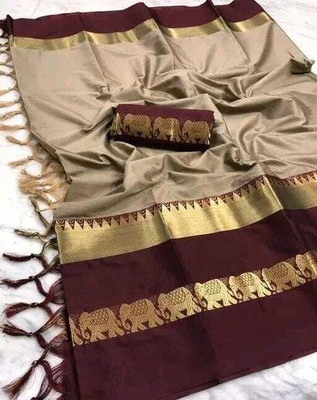 HouseOfCommon Printed Banarasi Handloom Cotton Silk Saree(Multicolor)