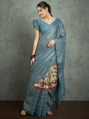 Divastri Printed Hand Batik Cotton Blend Saree(Blue)