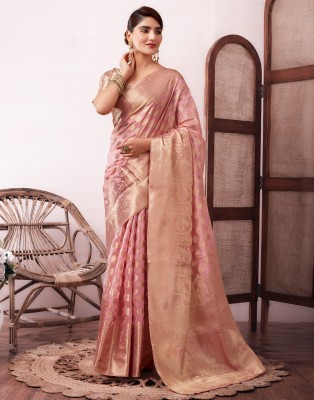 Samah Woven, Embellished, Self Design Banarasi Organza Saree(Pink, Gold)