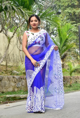 NIYANTAKSH Embroidered Bollywood Net Saree(Blue)