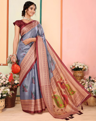 YASHIKA Printed Kalamkari Art Silk Saree(Grey)