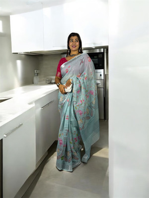 THEPRINTEMPIRE Floral Print Bollywood Cotton Linen Saree(Light Blue)