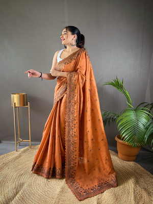 SGF11 Self Design Handloom Silk Blend Saree(Orange)