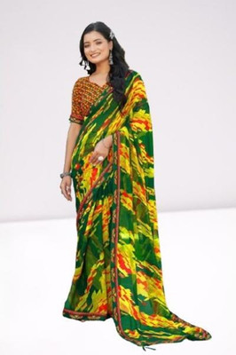 rudraCreation Printed Bollywood Georgette Saree(Green, Yellow)