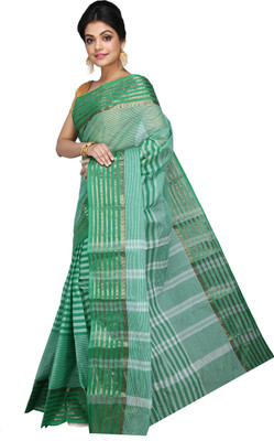 PuJoy Striped Tant Pure Cotton Saree(Green)
