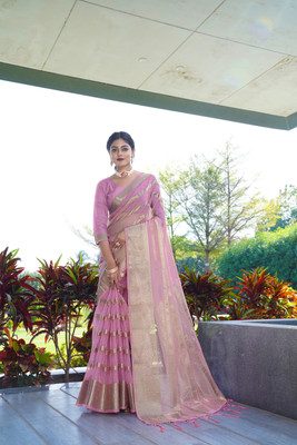 HouseOfCommon Solid/Plain Bandhani Organza Saree(Pink)