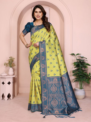 VASTUKALA Woven Kanjivaram Pure Silk, Art Silk Saree(Yellow, Blue)