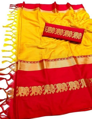 Fab Silk Solid/Plain Banarasi Cotton Silk Saree(Gold)