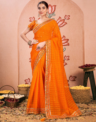 Samah Embellished, Embroidered, Printed Bandhani Chiffon, Lace Saree(Yellow)