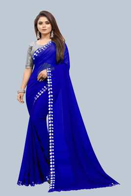 Laddu creation Self Design, Solid/Plain Bollywood Georgette, Silk Blend Saree(Blue)