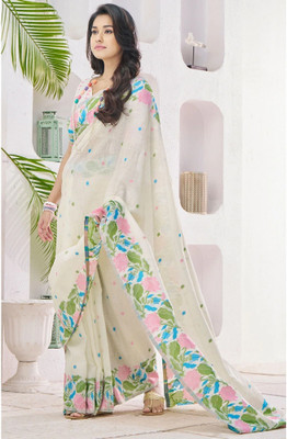 Soor Panchi Printed Bollywood Cotton Linen Saree(Beige)