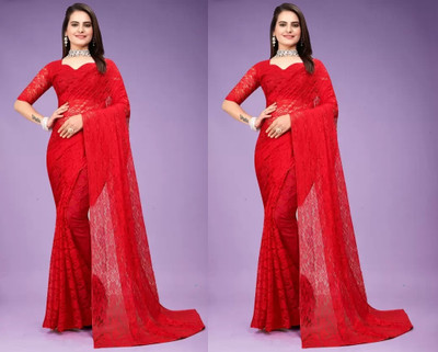 online bazaarr Self Design Bollywood Net Saree(Pack of 2, Red)