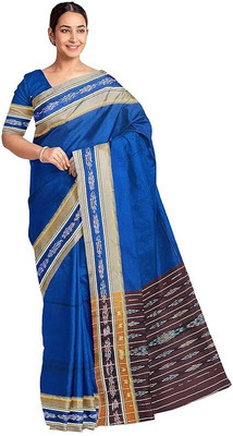 handloom paridhaan Dyed, Temple Border Handloom Pure Cotton Saree(Blue)