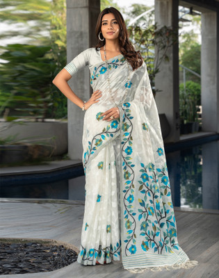 Satrani Woven, Self Design, Embellished Handloom Cotton Blend Saree(White)