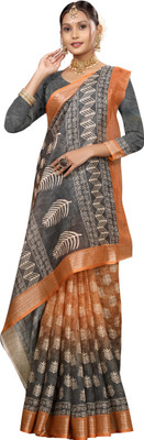Gajal Printed Kanjivaram Pure Cotton, Cotton Linen Saree(Mustard, Black)