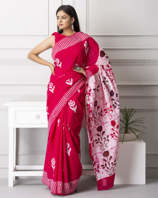 COTTON MULMUL STORE Blocked Printed Hand Batik Pure Cotton Saree(Pink)