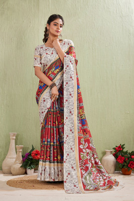 Rashmiwala Digital Print Kalamkari Mulmul Saree(Red)
