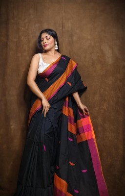 JHILUU Solid/Plain Handloom Pure Cotton Saree(Black)