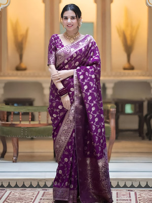 YASHIKA Woven Banarasi Cotton Silk, Jacquard Saree(Purple)