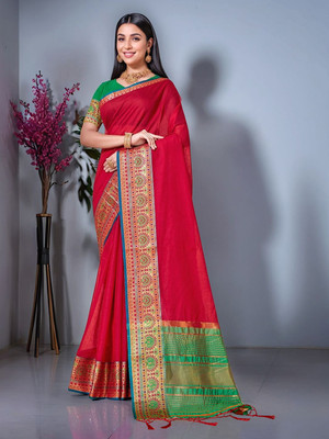 ANOUK Woven Chanderi Cotton Blend Saree(Red)