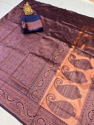 Dhami Woven Kanjivaram Cotton Linen, Linen Saree(Dark Blue)