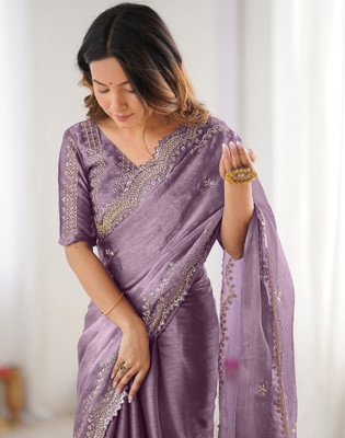Satrani Embellished, Embroidered Bollywood Jimmy choo, Chiffon Saree(Purple)