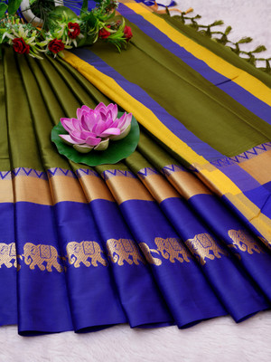 Shruti Bandhani Woven Narayanpet Cotton Silk, Pure Silk Saree(Dark Green)
