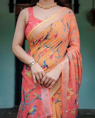 Drujha Striped Daily Wear Cotton Linen Saree(Orange)