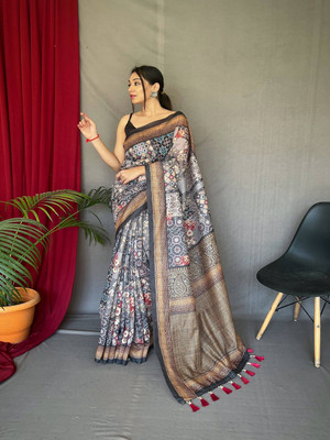 SGF11 Self Design Handloom Cotton Linen Saree(Grey)