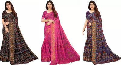 Vimalnath Synthetics Printed Bollywood Cotton Silk Saree(Pack of 3, Multicolor)