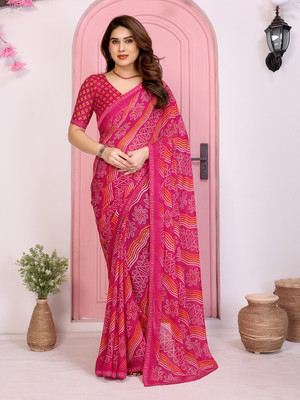Anand Sarees Printed Saree with Attached Blouse Georgette, Lace Saree(Pink)