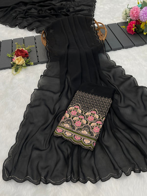 K 5 FASHION Solid/Plain Bollywood Chiffon Saree(Black)