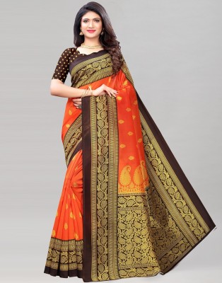 Samah Printed, Geometric Print, Floral Print Mysore Cotton Silk, Silk Blend Saree(Brown, Orange)