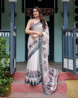 ALMAARI FASHION Woven Jamdani Linen Saree(Beige)