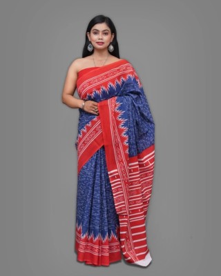 MADHUMASS TEXTILE Printed Bollywood Cotton Blend Saree(Red, Blue)