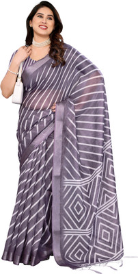 Myraani Floral Print Daily Wear Cotton Linen Saree(Purple)