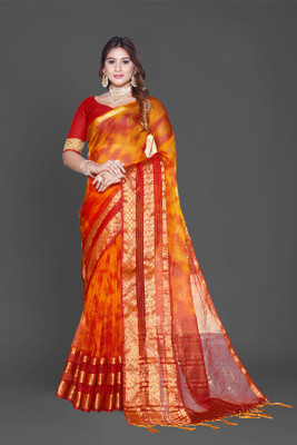 Aarunika BS Woven Bollywood Organza Saree(Gold, Orange)