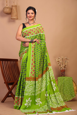Shiv Clothing Printed Ikkat Pure Cotton Saree(Green)
