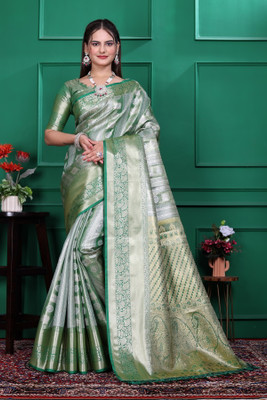 SHREE NATH CREATION Woven Banarasi Cotton Blend Saree(Green, Gold)