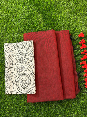 SMRITI BOUTIQUE Solid/Plain, Printed Kalamkari Handloom Pure Cotton Saree(Maroon, Grey)
