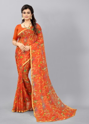 SWDHRM Floral Print Daily Wear Chiffon Saree(Orange)