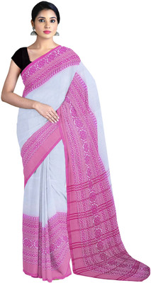 PRANATI ENTERPRISE Printed Handloom Linen Saree(White, Pink)
