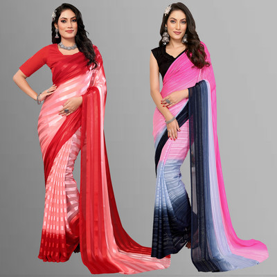 kashvi sarees Striped Bollywood Satin Saree(Pack of 2, Pink, Red, Black)