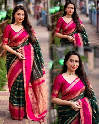 YASHIKA Printed Kanjivaram Silk Blend Saree(Green)