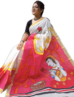 cloud vastra Hand Painted Kasavu Pure Cotton Saree(Multicolor)