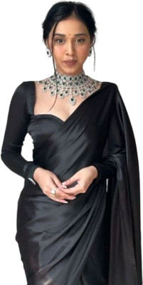 Shopaz Solid/Plain Pre Draped Saree Satin Saree(Black)